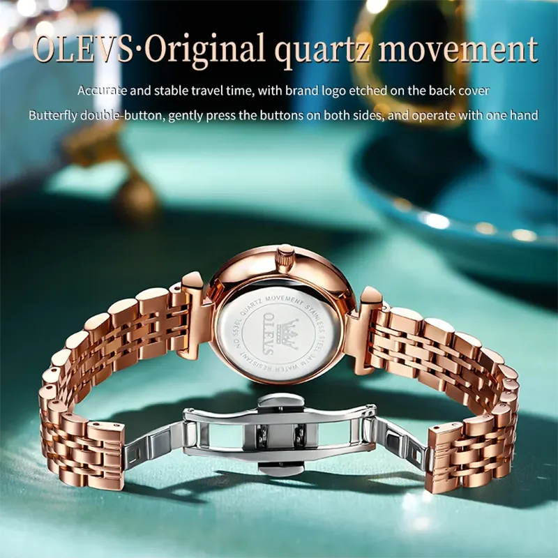 Olevs Luxury Green Diamond Dial Rose Gold Ladies Watch | 5536
